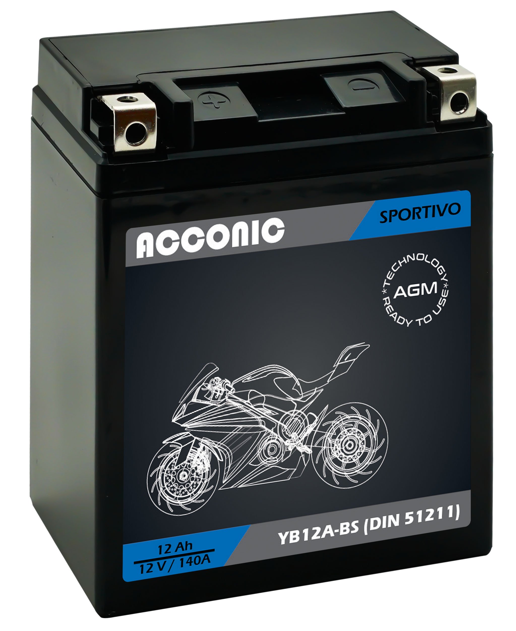 ACCONIC Sportivo AGM YB12A-BS Motorradbatterie 12 Ah 12V (DIN 51211)